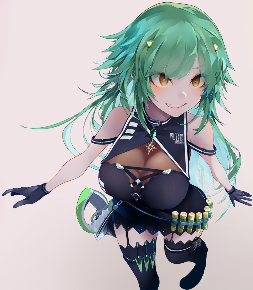 black_gloves black_thighhighs breasts brown_eyes cleavage cleavage_cutout clothing_cutout commentary_request female foot_out_of_frame gloves green_hair grey_background highres kitakoji_hisui kitakoji_hisui_(2nd_costume) large_breasts long_hair nijisanji parted_lips shirt simple_background sleeveless sleeveless_shirt smile solo susumu thighhighs very_long_hair virtual_youtuber