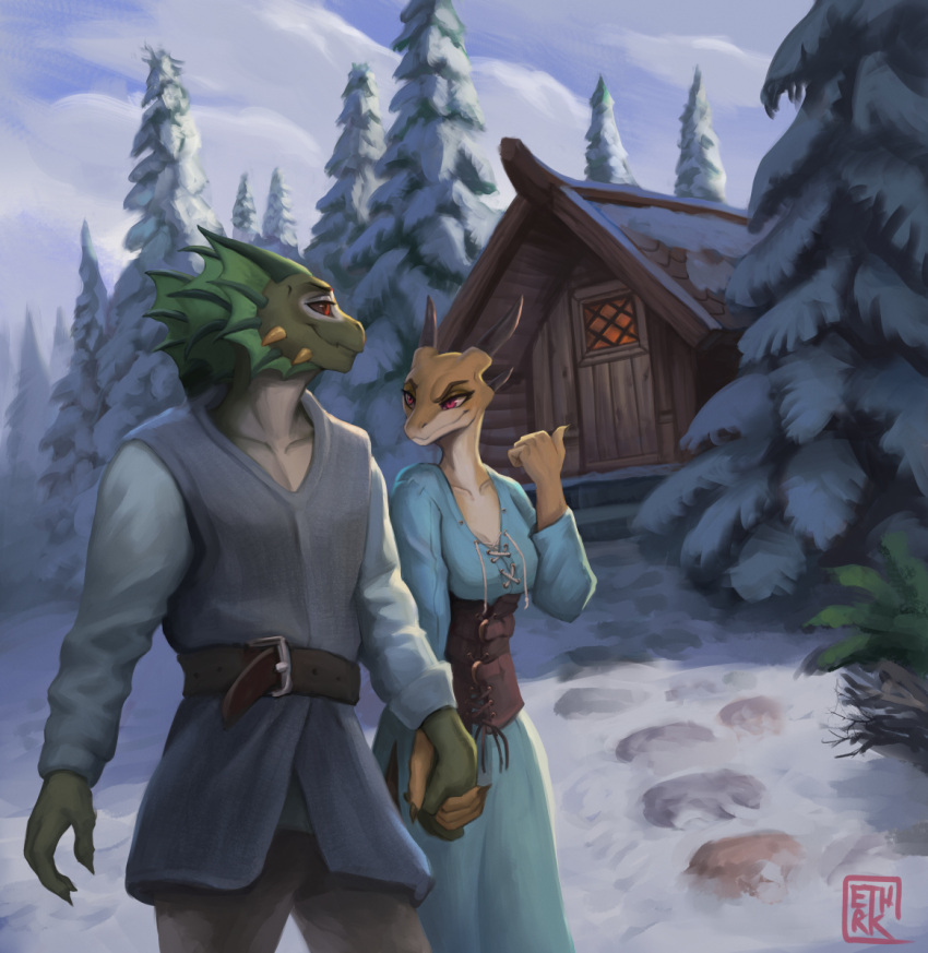 2022 anthro argonian bethesda_game_studios black_sclera cabin clothed clothing detailed_background digital_media_(artwork) digital_painting_(artwork) duo ethrk female female_anthro gesture hand_gesture hand_holding horn male microsoft outside red_eyes scalie signature skyrim smile snow spikes spikes_(anatomy) suggestive the_elder_scrolls winter