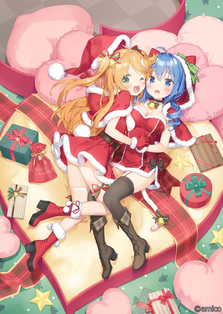 2girls ;d ahoge amiami_(company) amico animal_ears animal_hood ass bell black_choker black_legwear blue_eyes blue_hair blush boots bow box breasts brown_footwear brown_hair capelet choker christmas cleavage commentary_request dress fake_animal_ears full_body fur-trimmed_boots fur-trimmed_capelet fur-trimmed_dress fur-trimmed_gloves fur-trimmed_headwear fur_trim garter_straps gift gift_box gloves green_background green_bow green_eyes hair_bell hair_intakes hair_ornament hat heart high_heel_boots high_heels highres holding_hands hood hood_up hooded_capelet interlocked_fingers kani_biimu lilco looking_at_viewer medium_breasts multiple_girls one_eye_closed red_capelet red_dress red_footwear red_gloves red_headwear santa_costume santa_hat smile strapless strapless_dress striped striped_bow sweat thighhighs thighhighs_under_boots two_side_up unworn_hat unworn_headwear