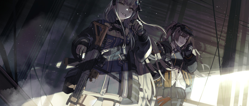 2girls absurdres assault_rifle black_gloves brown_eyes brown_hair commentary_request cowboy_shot explosive facial_mark fujita_(condor) girls'_frontline gloves goggles goggles_on_head green_eyes grenade grenade_pin grenade_pin_in_mouth grey_hair gun h&k_g11 h&k_hk416 h&k_ump hair_ornament hairclip head-mounted_display heckler_&_koch highres hk416_(girls'_frontline) hk416_(mod3)_(girls'_frontline) holding holding_grenade holding_gun holding_weapon id_card jacket long_hair long_sleeves looking_at_viewer mouth_hold multiple_girls open_clothes open_shirt pleated_skirt rifle scar scar_across_eye scar_on_face shade shirt skirt smile sports_bra standing submachine_gun teardrop teardrop_facial_mark teardrop_tattoo twintails two-tone_gloves ump9_(girls'_frontline) ump9_(mod3)_(girls'_frontline) walkie-talkie weapon white_gloves white_shirt