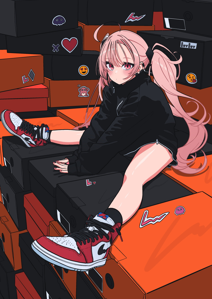 absurdres ahoge air_jordan air_jordan_1 black_jacket black_socks blush box cardboard_box closed_mouth ear_piercing emoji female full_body heart high_tops highres jacket long_hair long_sleeves looking_at_viewer luvluvvox nike_(company) original piercing pink_hair red_eyes shoe_box shoes sitting sleeves_past_wrists sneakers socks solo spread_legs sticker twintails v_arms very_long_hair