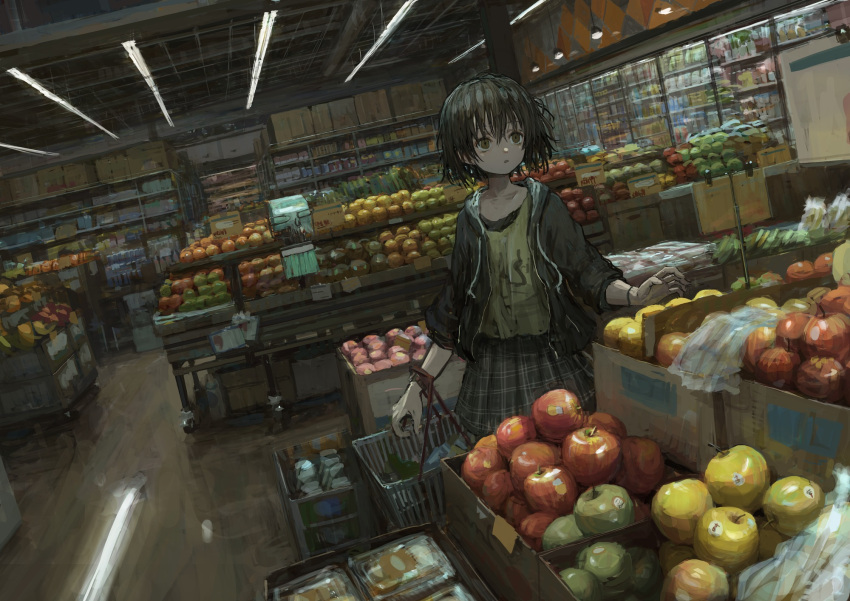 apple basket black_hair black_jacket female food fruit highres indoors jacket long_sleeves original plaid plaid_skirt pleated_skirt print_shirt reflection shion_(mirudakemann) shirt short_hair skirt solo upper_body