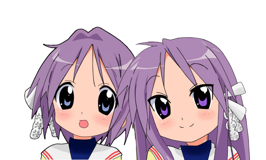 2girls blue_eyes clannad commentary_request company_connection cosplay fujibayashi_kyou fujibayashi_kyou_(cosplay) fujibayashi_ryou fujibayashi_ryou_(cosplay) hiiragi_kagami hiiragi_tsukasa kyoto_animation long_hair lucky_star multiple_girls parody photoshop_(medium) purple_eyes purple_hair rakisana short_hair siblings sisters tareme tsurime twins