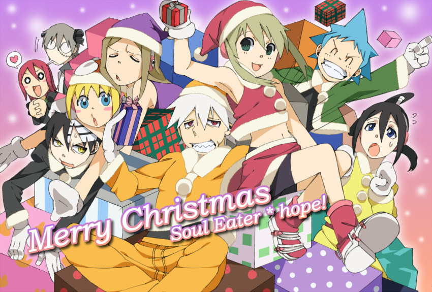 4girls 5boys bad_id bad_pixiv_id black_star box christmas death_the_kid elizabeth_thompson franken_stein_(soul_eater) fur_trim gift gift_box hat hishiki maka_albarn multiple_boys multiple_girls nakatsukasa_tsubaki patricia_thompson santa_costume santa_hat soul_eater soul_evans spirit_albarn