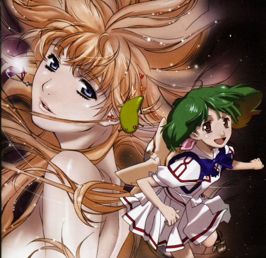 2girls ahoge album_cover blonde_hair blue_eyes bow bowtie cover earrings ebata_risa floating_hair green_hair highres jewelry long_hair looking_at_viewer macross macross_frontier multiple_girls nude official_art oosanshouuo-san open_mouth orange_hair parted_lips ranka_lee red_eyes saint_mary's_academy_school_uniform school_uniform sheryl_nome shiny_skin short_hair smile upper_body very_long_hair wind