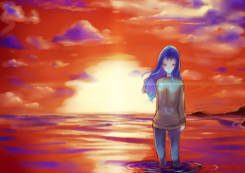 amazawa_kazumi blue_eyes blue_hair commentary_request expressionless female ima_soko_ni_iru_boku jewelry lala-ru long_hair looking_down ocean pantyhose pendant shining solo sunset wading