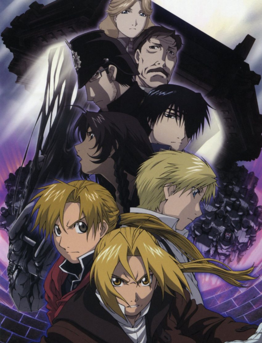 2girls 6+boys ahoge alphonse_elric alphonse_heiderich amestris_military_uniform angry armor beard black_hair blonde_hair blue_eyes braid brothers coat conqueror_of_shambala cover dark-skinned_female dark_skin dietlinde_eckhart dress_shirt dual_persona dvd_cover edward_elric everyone eyepatch facial_hair frown fullmetal_alchemist gloves glowing grey_eyes hair_over_one_eye hat highres itou_yoshiyuki karl_haushofer lipstick long_hair maes_hughes makeup military military_uniform moustache multiple_boys multiple_girls noah_(fma) non-web_source official_art old old_man open_mouth parted_bangs roy_mustang scan shirt short_hair siblings suspenders twin_braids uniform wind yellow_eyes