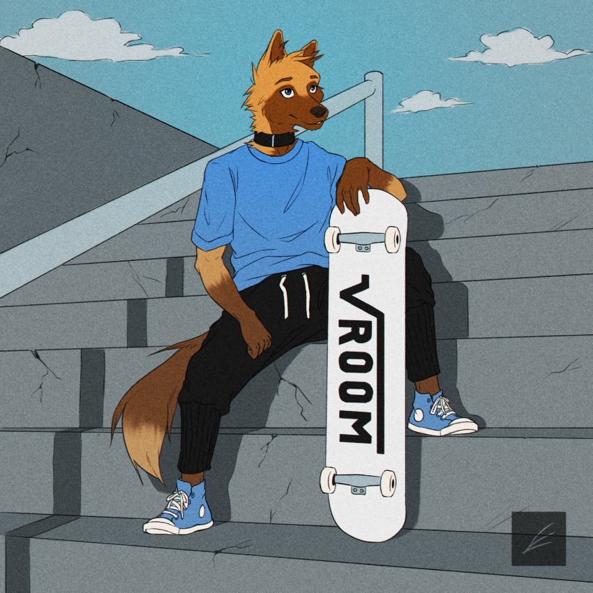 1:1 absurd_res anthro bonelesswolf bottomwear brand_parody canid canine clothing collar footwear hi_res huge_filesize male mammal maned_wolf pants shirt shoes skateboard skinny sneakers solo sweatpants t-shirt topwear vehicle