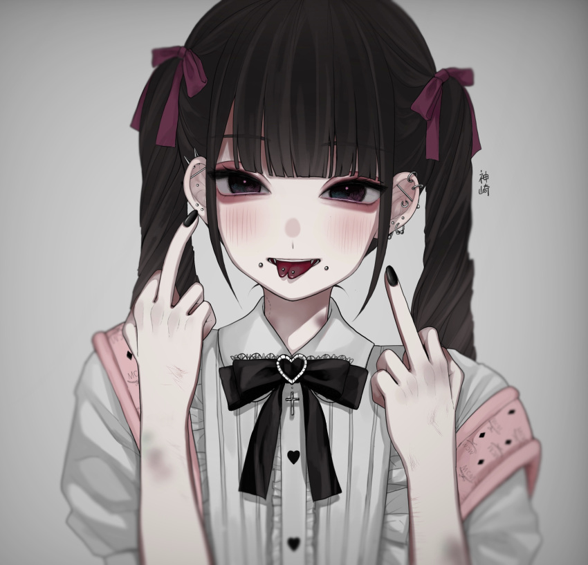 0mdjn0 absurdres aegyo_sal bite_mark black_eyes black_hair blunt_bangs blurry blurry_foreground blush brooch bruise buttons center_frills cheek_piercing collared_shirt cross_ornament curly_hair double_middle_finger ear_piercing earrings fangs female forked_tongue frilled_shirt frills hair_ribbon hands_up heart heart_brooch heart_button hickey highres injury jewelry jirai_kei long_hair looking_at_viewer middle_finger multiple_earrings nail_polish neck_ribbon open_mouth original piercing ribbon shirt short_sleeves smile solo suspenders tongue tongue_out tongue_piercing twintails