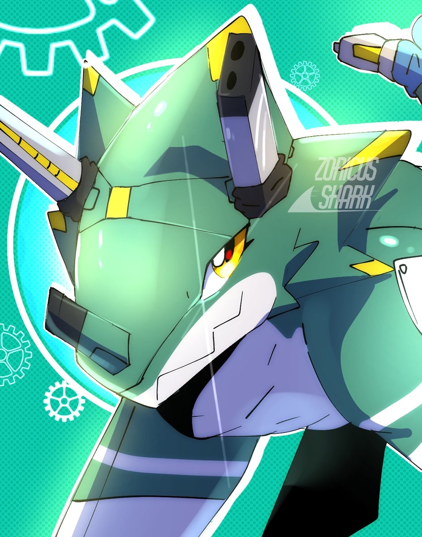 abstract_background ambiguous_gender anthro armor bandai_namco ceratopsian digimon digimon_(species) digimon_ghost_game dinosaur extinct green_body gun hi_res horn looking_at_viewer ornithischian prehistoric_species quadruped railgun ranged_weapon reptile scalie solo triceratops weapon wezengammamon yellow_eyes zigzag_mouth zoricus3