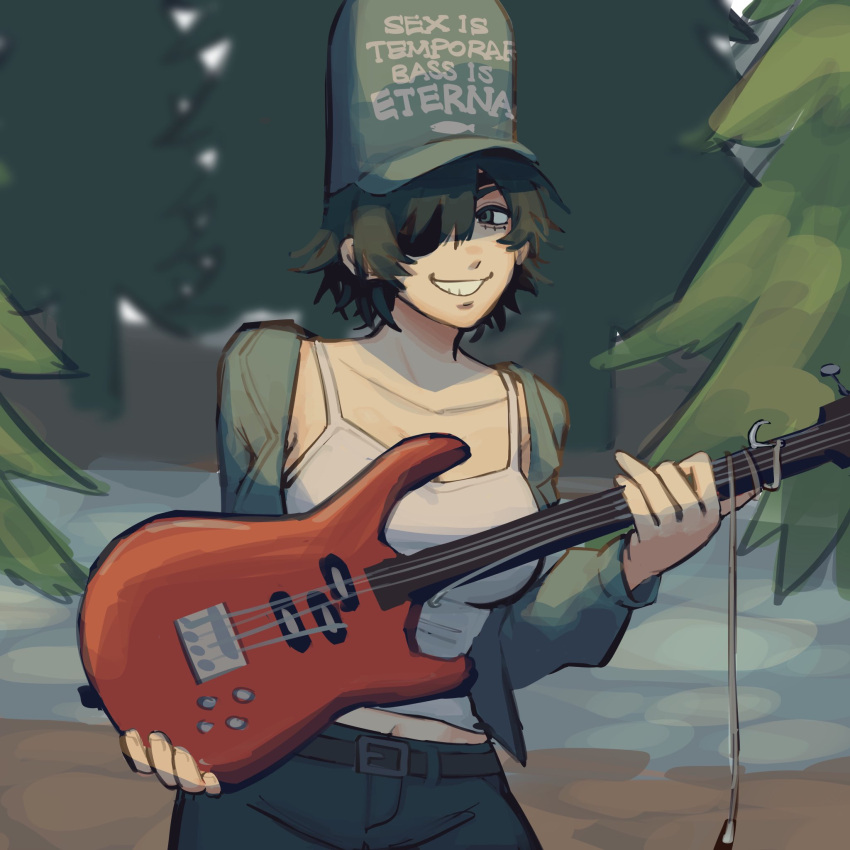 bass_guitar black_hair breasts camisole chainsaw_man female forest grey_jacket highres himeno_(chainsaw_man) holding holding_instrument instrument jacket large_breasts liowig looking_at_viewer meme midriff_peek nature oversized_hat pine_tree short_hair smile solo tree white_camisole women_want_me_fish_fear_me_(meme)