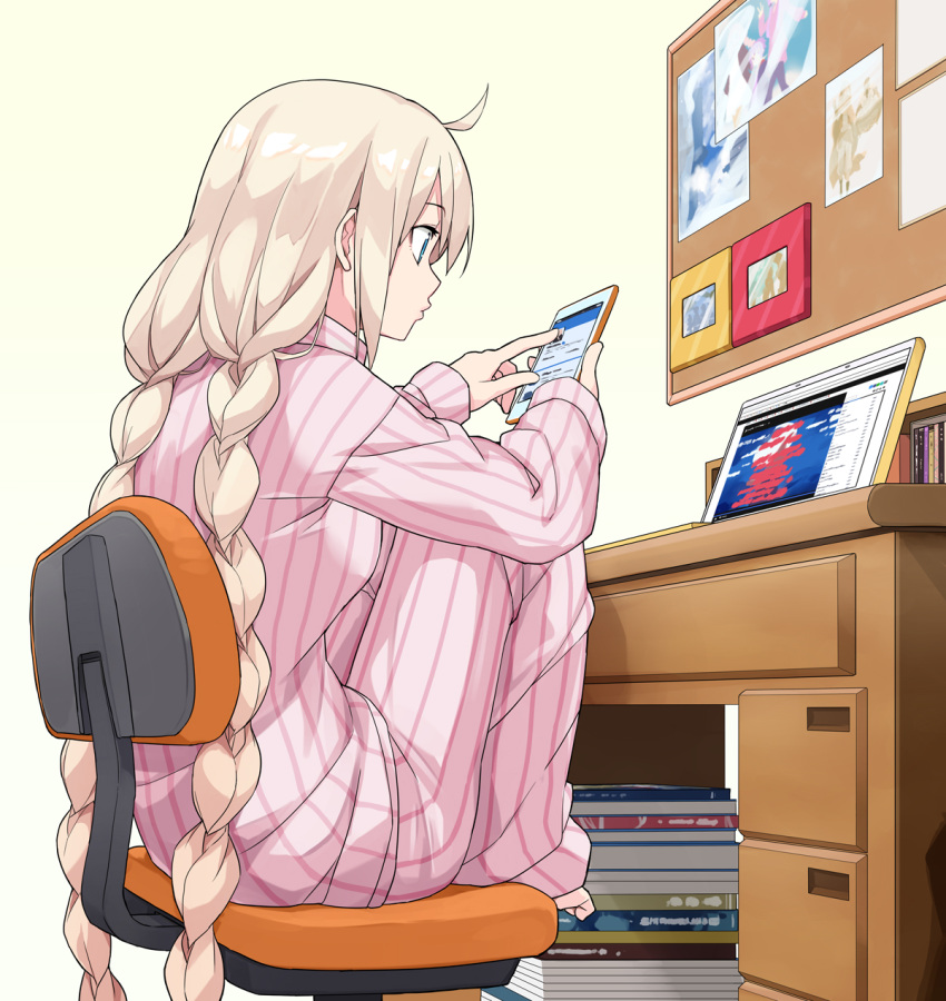 ahoge barefoot blue_eyes book book_stack braid bulletin_board cellphone chair computer desk female from_side highres indoors kizuna_akari knees_up laptop long_hair looking_at_phone niconico pajamas pants phone photo_(object) pink_pajamas pink_pants pink_shirt platinum_blonde_hair shirt sitting smartphone solo striped_clothes striped_pajamas toromera twin_braids twitter very_long_hair vocaloid voiceroid yuzuki_yukari yuzuki_yukari's_younger_twin_brother