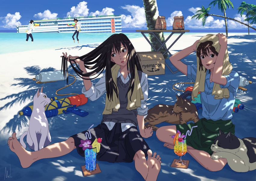 2boys 2girls barefoot beach black_hair box brown_hair cloud commentary crossed_legs cumulonimbus_cloud feline gen_(sonny_boy) highres long_hair mac_naut mizuho_(sonny_boy) multiple_boys multiple_girls nagara_(sonny_boy) nozomi_(sonny_boy) ocean outdoors palm_tree rajdhani_(sonny_boy) revision sakura_(sonny_boy) scenery school_uniform shadow short_hair sitting skirt soles sonny_boy spread_legs summer tora_(sonny_boy) towel tree water_gun