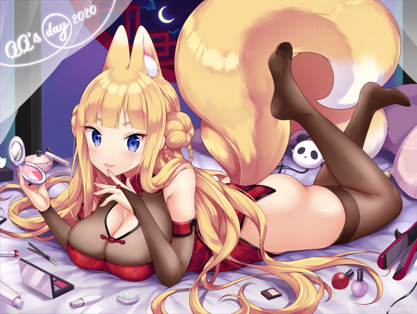 animal_ear_fluff animal_ears ass blonde_hair blue_eyes blush braid breasts bridal_gauntlets brown_thighhighs china_dress chinese_clothes cleavage cleavage_cutout clothing_cutout commentary_request crescent_moon double_bun dress female fox_ears fox_girl fox_tail full_body hair_bun indoors large_breasts lips long_hair looking_at_viewer lying makeup miyano_ururu moon night no_shoes on_stomach original short_eyebrows smile solo tail the_pose thighhighs very_long_hair