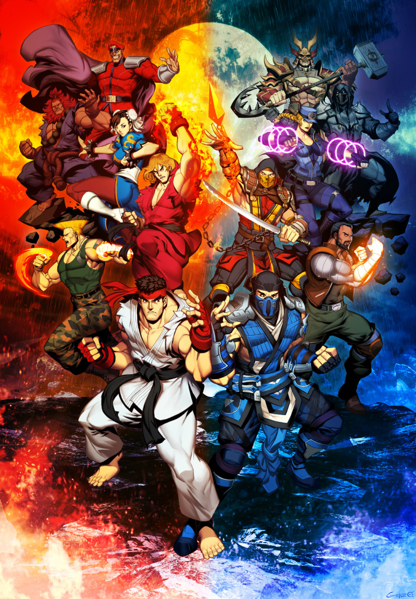 2girls 6+boys akuma_(street_fighter) armor barefoot battle bi-han black_hair blonde_hair cape chun-li commentary crossover dark-skinned_male dark_skin dougi english_commentary evil_smile fingerless_gloves fire genzoman gloves glowing_fist guile hanzo_hasashi highres hood jax_(mortal_kombat) ken_masters kuai_liang m._bison mallet mask mechanical_arms military military_uniform mortal_kombat_(series) mortal_kombat_11 multiple_boys multiple_girls noob_saibot photoshop_(medium) ryu_(street_fighter) school_uniform scorpion_(mortal_kombat) serafuku shao_kahn smile sonya_blade street_fighter street_fighter_v sub-zero sword uniform weapon