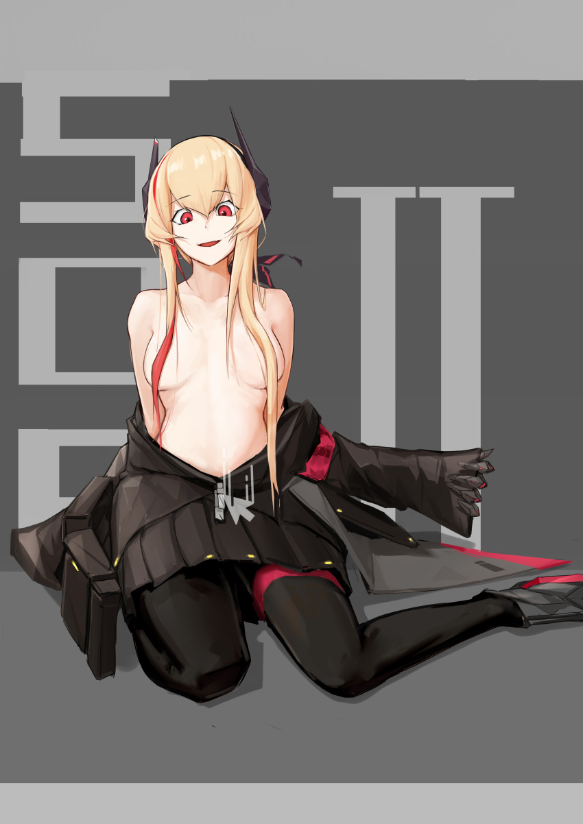 absurdres arms_behind_back bare_shoulders black_jacket black_pantyhose black_skirt blonde_hair breasts character_name clothes_pull collarbone cursor female full_body girls'_frontline hair_over_breasts headphones highres jacket jacket_pull long_hair looking_at_viewer m4_sopmod_ii_(girls'_frontline) medium_breasts multicolored_hair on_floor open_clothes open_jacket open_mouth pantyhose red_eyes simple_background skirt smile solo ss-7 streaked_hair topless