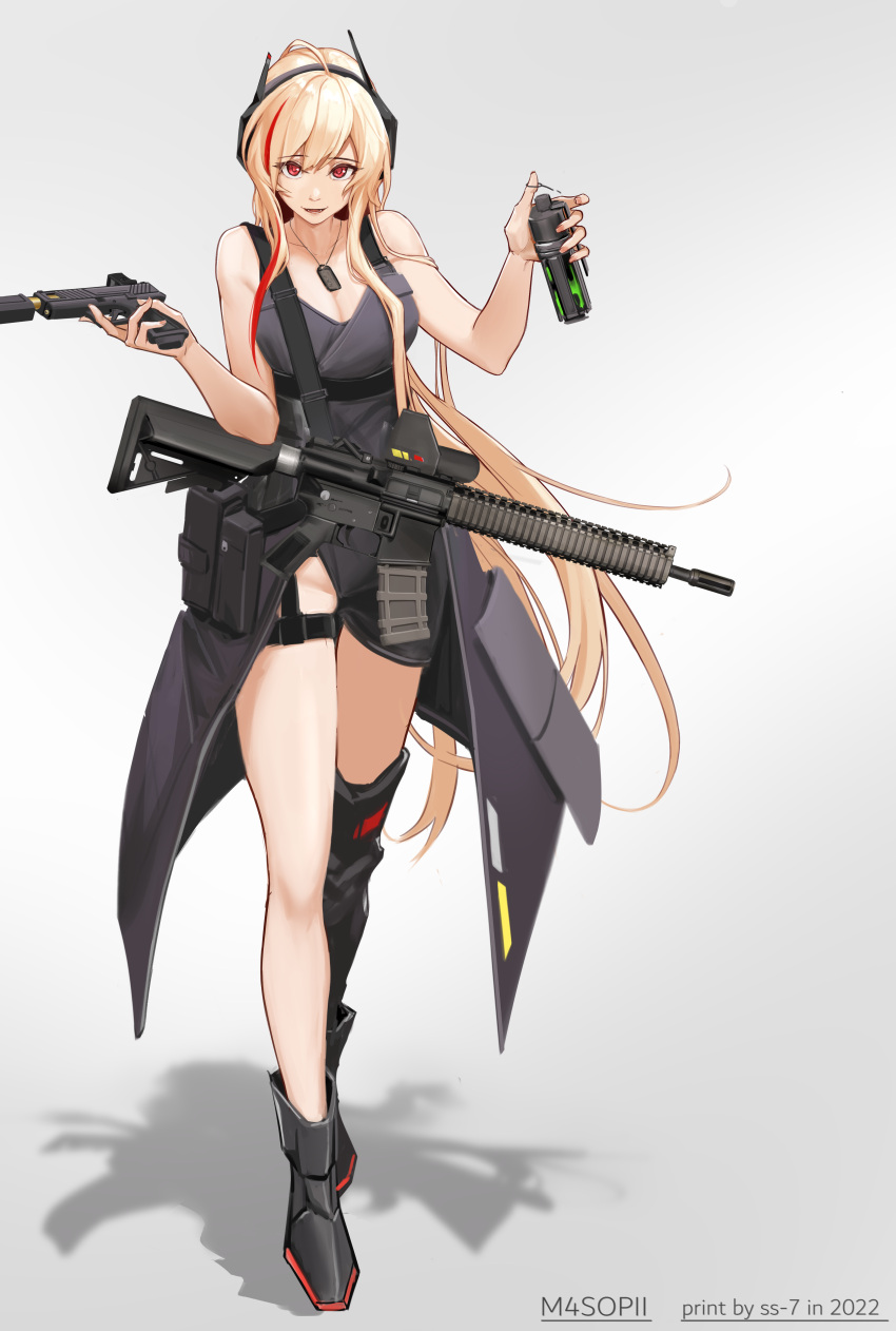 absurdres alternate_costume artist_name assault_rifle asymmetrical_footwear black_dress black_footwear blonde_hair breasts character_name cleavage collarbone dated dress explosive fangs female full_body girls'_frontline glock grenade gun handgun headphones highres holding holding_gun holding_weapon jewelry legs long_hair looking_at_viewer m4_carbine m4_sopmod_ii m4_sopmod_ii_(girls'_frontline) medallion medium_breasts multicolored_hair nail_polish necklace open_mouth pink_nails red_eyes rifle shadow smile solo ss-7 standing streaked_hair very_long_hair weapon white_background