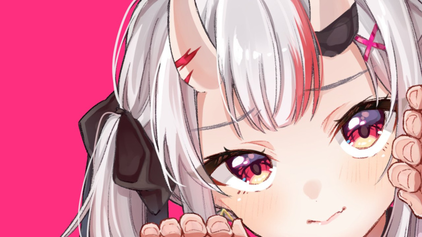 blush dakuryuu female fourth_wall gradient_hair hair_between_eyes hair_ornament hair_ribbon hololive horns long_hair looking_at_viewer multicolored_hair nakiri_ayame nakiri_ayame_(streetwear) oerba_yun_fang official_alternate_costume oni pink_background portrait red_eyes red_hair ribbon sidelocks simple_background skin-covered_horns skin_fang smile solo streaked_hair twintails virtual_youtuber white_hair x_hair_ornament