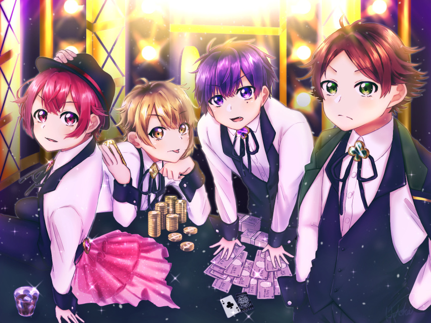 4boys aho_no_sakata blonde_hair brown_hair casino coin green_eyes hat hatoka_ra5 highres money multiple_boys purple_eyes purple_hair red_eyes red_hair senra_(utaite) shima_(utaite) shirt tongue tongue_out urashimasakatasen uratanuki utaite yellow_eyes