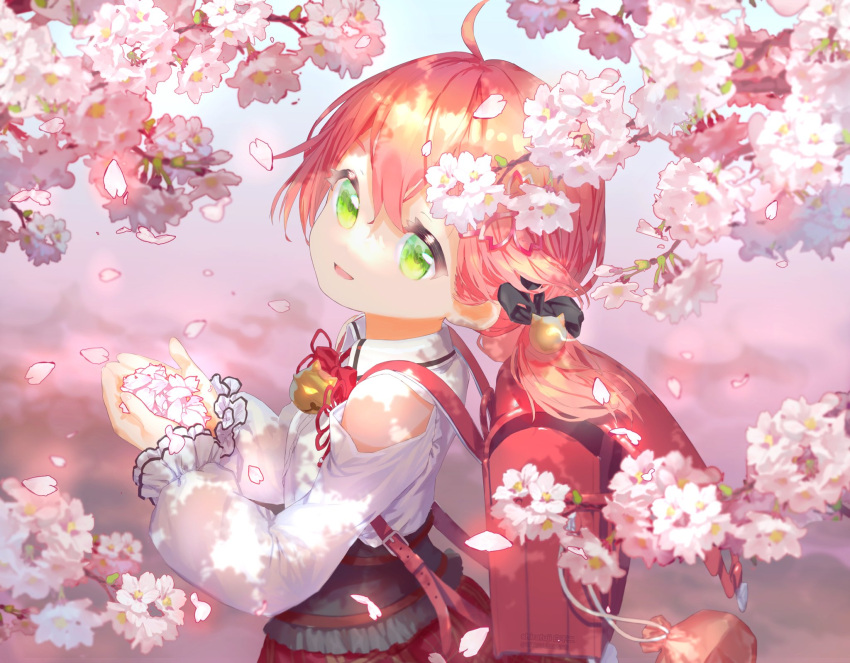 ahoge alternate_hairstyle bag bell branch cherry_blossoms female green_eyes highres hololive long_hair long_sleeves official_alternate_costume petals pink_hair protected_link sakura_miko sakura_miko_(casual) sirafuji_masiro solo virtual_youtuber