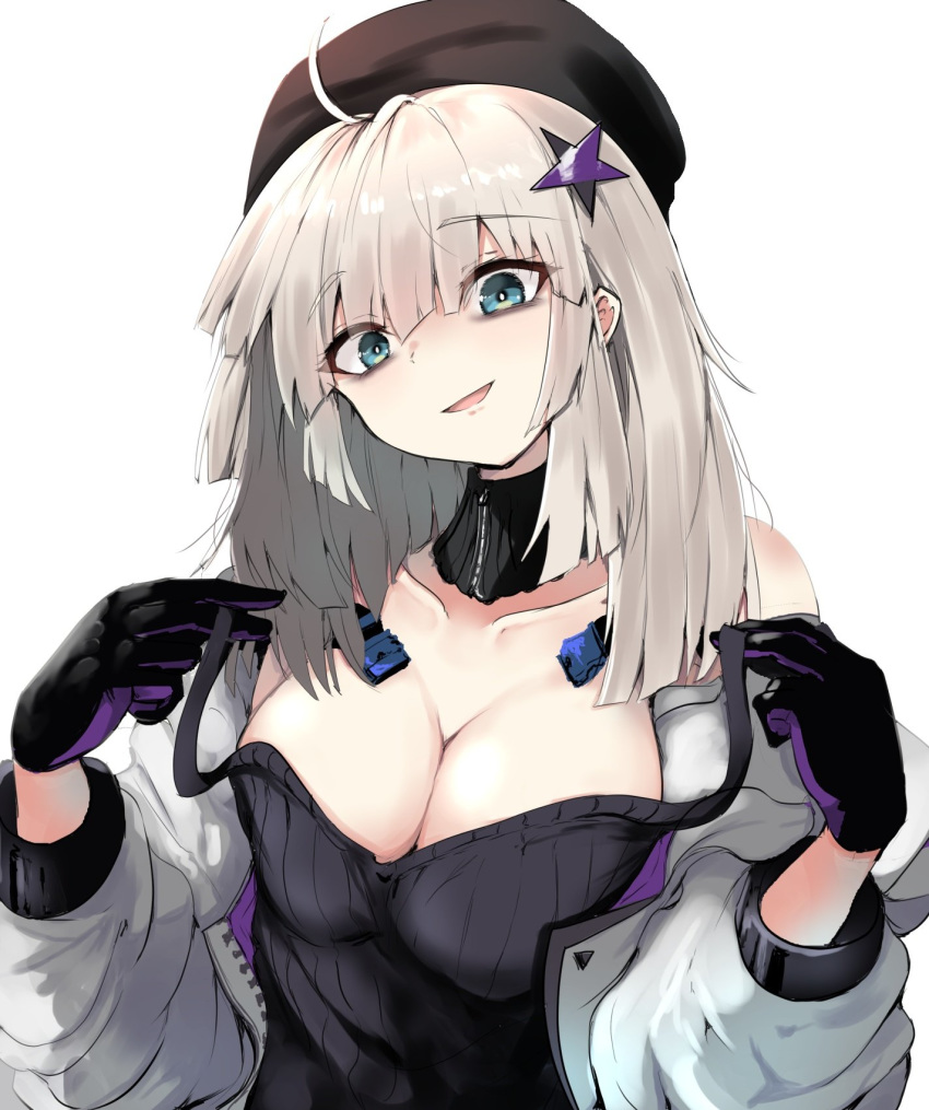 aa-12_(girls'_frontline) ahoge bags_under_eyes belt black_gloves black_hat black_tank_top blue_eyes blush breasts buckle choker cleavage coat female girls'_frontline gloves grey_hair hair_ornament hat highres large_breasts long_hair open_clothes open_coat open_mouth simple_background snap-fit_buckle solo star_(symbol) star_hair_ornament strap take_(trude1945oneetyan) tank_top upper_body white_background white_coat