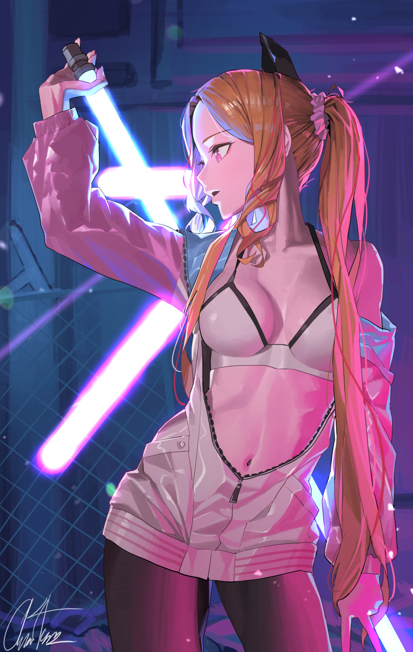 absurdres adella_(some_some_convenience_store) bad_id bad_pixiv_id blonde_hair bra breasts breasts_apart chanism! contrapposto cowboy_shot drill_hair drill_sidelocks female forehead highres jacket long_hair medium_breasts navel night open_clothes open_jacket open_mouth outdoors pantyhose pink_eyes ponytail profile shiny_clothes sidelocks solo some_some_convenience_store underwear v very_long_hair