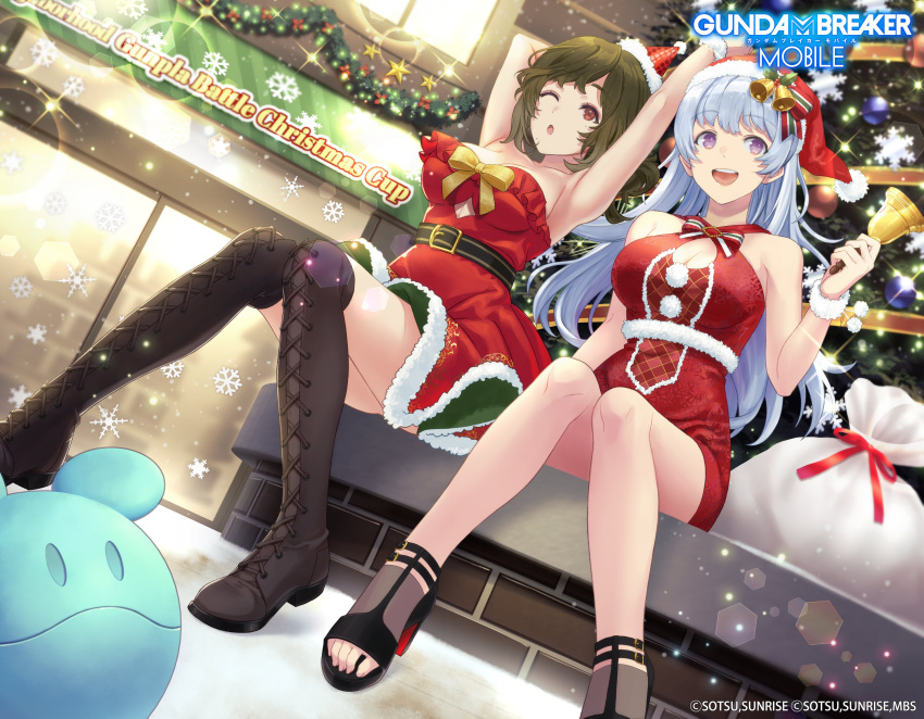 2girls absurdres bell black_footwear blue_eyes boots breasts brown_eyes brown_footwear brown_hair christmas christmas_ornaments christmas_tree cleavage cleavage_cutout clothing_cutout copyright_name copyright_notice cross-laced_footwear english_text garland_(decoration) gundam gundam_breaker_mobile haro highres knee_boots kotomori_ran lace-up_boots mature_female mochizuki_nao_(gundam_breaker_mobile) mole mole_under_eye mole_under_mouth multiple_girls official_art open_mouth promotional_art purple_eyes sack sandals snow snowflakes sparkle star_(symbol) taiki_(luster) thighs toenails toes