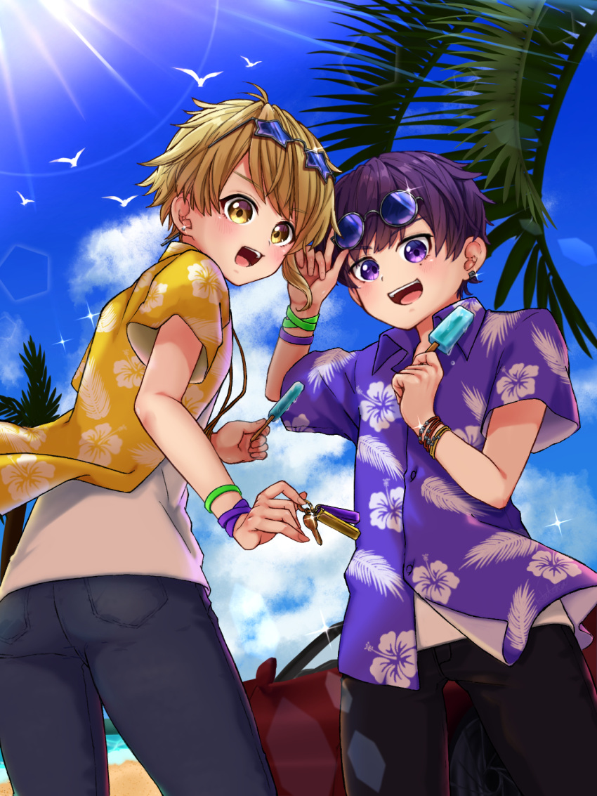 2boys beach blonde_hair food glasses hatoka_ra5 highres ice_cream male_focus multiple_boys open_clothes open_shirt outdoors purple_eyes purple_hair senra_(utaite) shima_(utaite) shirt star-shaped_eyewear star_(symbol) urashimasakatasen utaite yellow_eyes