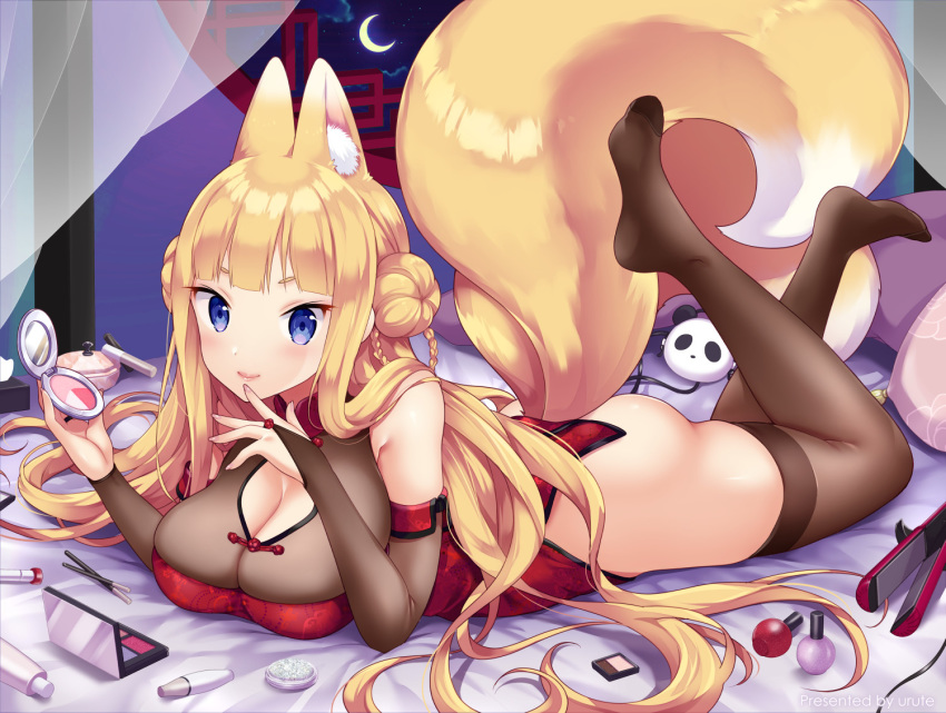 animal_ear_fluff animal_ears ass blonde_hair blue_eyes blush braid breasts bridal_gauntlets brown_thighhighs china_dress chinese_clothes cleavage cleavage_cutout clothing_cutout commentary_request crescent_moon double_bun dress female fox_ears fox_girl fox_tail full_body hair_bun indoors large_breasts lips long_hair looking_at_viewer lying makeup miyano_ururu moon night no_shoes on_stomach original short_eyebrows smile solo tail the_pose thighhighs very_long_hair