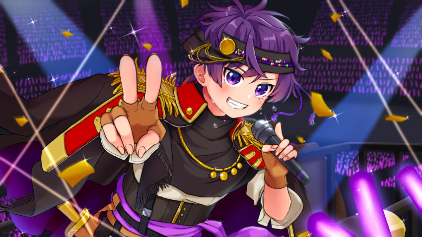 1boy concert hatoka_ra5 highres jewelry lightning looking_at_viewer male_focus open_mouth purple_eyes purple_hair shima_(utaite) shirt smile urashimasakatasen utaite