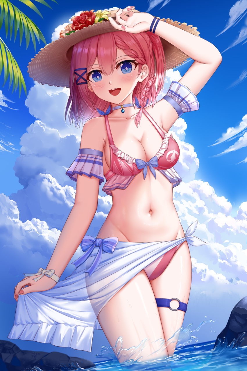 absurdres alternate_costume arm_up asta_(honkai:_star_rail) bikini blue_eyes blue_sky blush breasts cleavage cloud collarbone commentary_request cumulonimbus_cloud female hair_ornament hat highres honkai:_star_rail honkai_(series) looking_at_viewer medium_breasts medium_hair navel open_mouth outdoors pink_hair rock sky skym_(kumei) standing straw_hat swimsuit wading