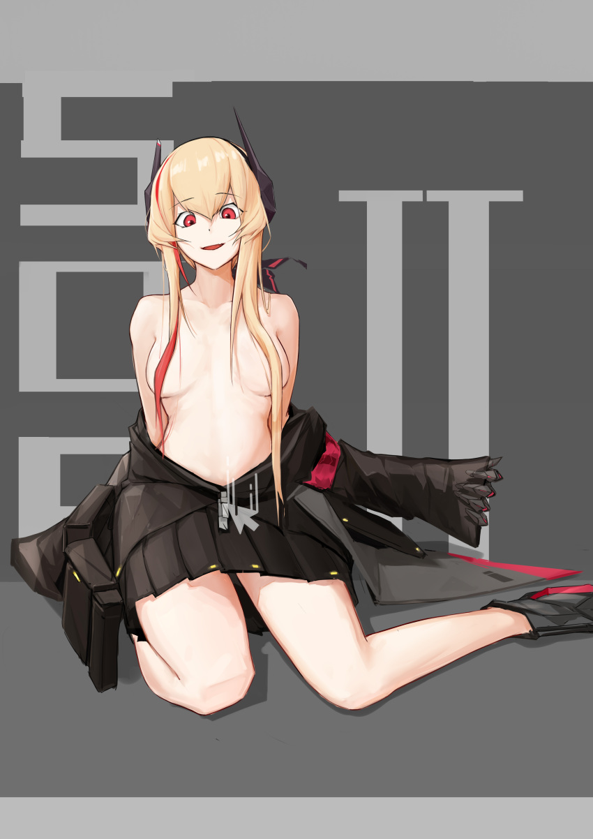 absurdres arms_behind_back bare_shoulders black_jacket black_skirt blonde_hair breasts character_name clothes_pull collarbone cursor female full_body girls'_frontline hair_over_breasts headphones highres jacket jacket_pull long_hair looking_at_viewer m4_sopmod_ii_(girls'_frontline) medium_breasts multicolored_hair on_floor open_clothes open_jacket open_mouth red_eyes simple_background skirt smile solo ss-7 streaked_hair topless