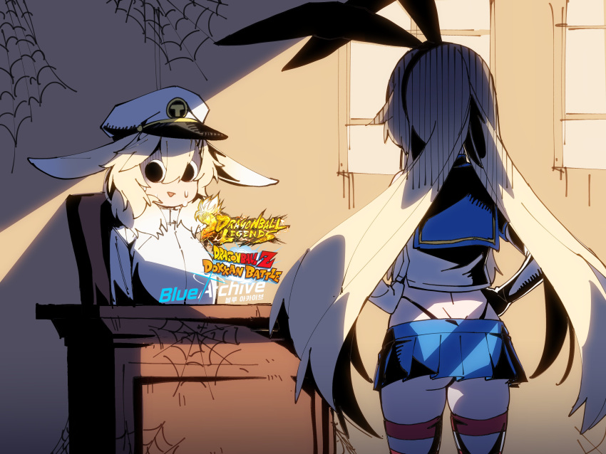 2girls absurdres animal_ears ass blue_archive blue_skirt commentary copyright_name crop_top dragon_ball dragon_ball_legends dragon_ball_z_dokkan_battle elbow_gloves female_admiral_(kancolle) gloves hair_between_eyes hat highres k.tomato kantai_collection logo long_hair long_sleeves medium_hair military_uniform miniskirt multiple_girls naval_uniform open_mouth peaked_cap pleated_skirt school_uniform serafuku shimakaze_(kancolle) skirt sleeveless striped_clothes striped_thighhighs thighhighs uniform white_gloves white_headwear