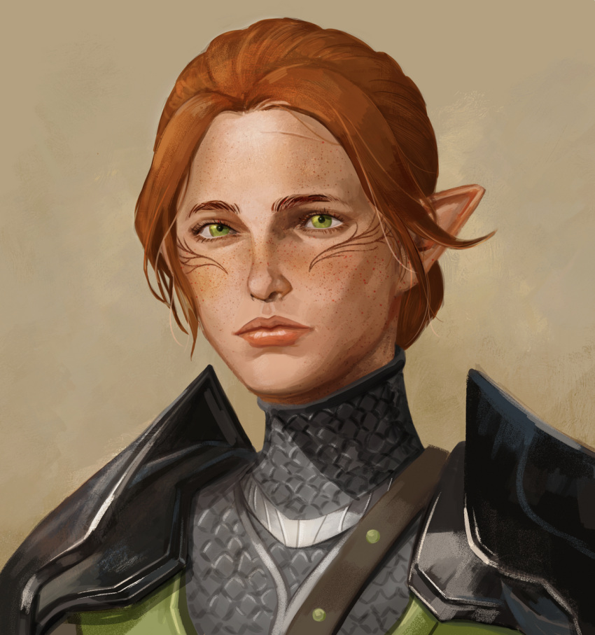 armor chainmail cheetahman_(1ddghfr78cswc) dragon_age dragon_age:_inquisition elf facial_tattoo female freckles green_eyes hair_bun highres inquisitor_(dragon_age) lips parted_bangs pauldrons pointy_ears portrait red_hair shoulder_armor simple_background single_hair_bun solo tattoo