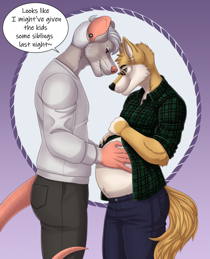 anthro belly big_belly canid canine canis clothed clothing dialogue dingo duo ear_piercing eyewear fur glasses grey_body grey_fur hi_res interspecies interspecies_pregnancy jamie_(delsol) looking_down male male/male mammal murid murine pattern_clothing piercing plaid plaid_clothing pregnant pregnant_anthro pregnant_male rapid_pregnancy rat rodent sajophoe server_dingo tail tan_body tan_fur