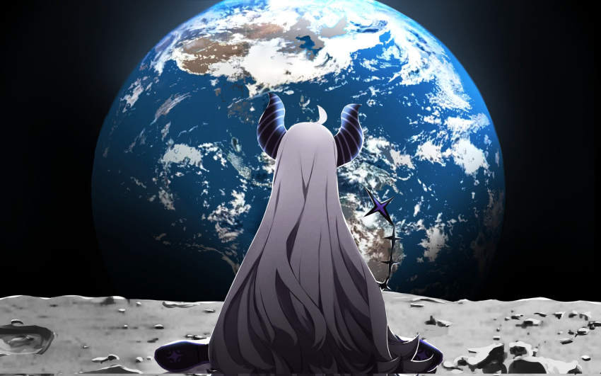 ahoge back black_background commentary curled_horns demon_horns earth_(planet) female from_behind grey_hair highres hololive horns la+_darknesss la+_darknesss_(1st_costume) long_hair moon planet ponnu_(nikeytina) sitting solo space striped_horns very_long_hair virtual_youtuber wariza