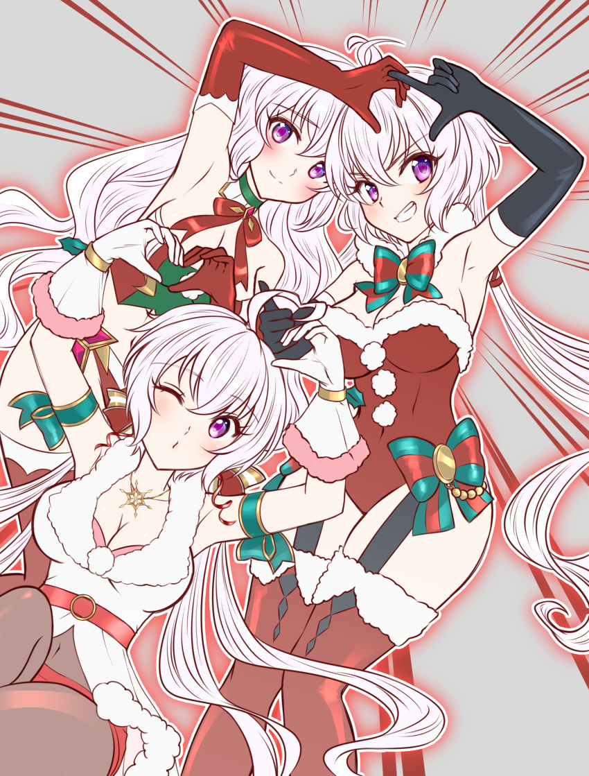 3girls absurdres axia-chan bare_shoulders black_gloves bodysuit breasts dress elbow_gloves gloves grey_hair highres large_breasts long_hair multiple_girls one_eye_closed purple_eyes red_gloves santa_dress senki_zesshou_symphogear senki_zesshou_symphogear_xd_unlimited twintails very_long_hair white_gloves yukine_chris yukine_chris_(another) yukine_christina