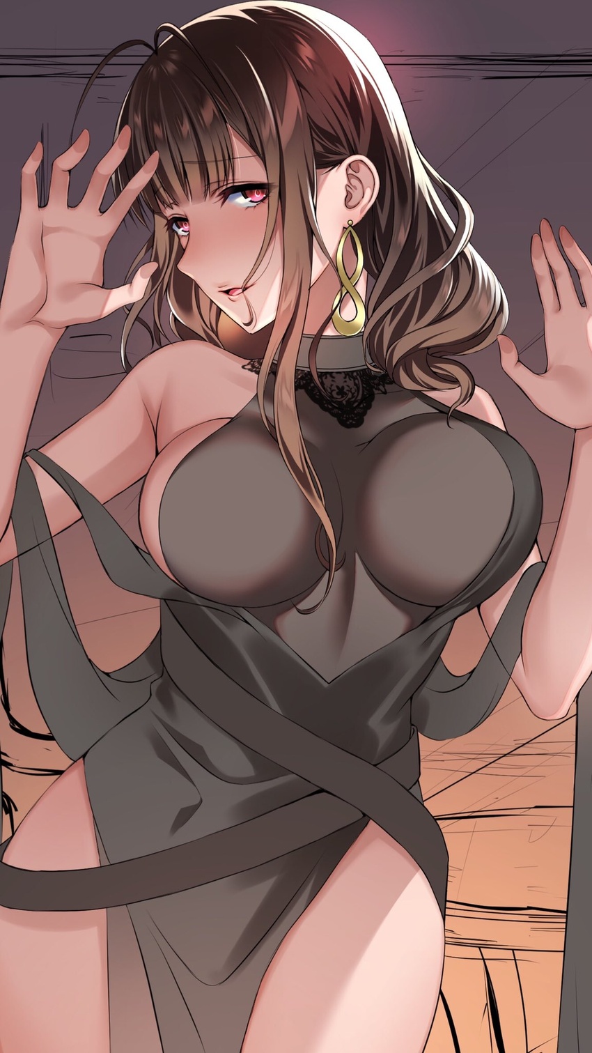 :d against_glass ahoge alternate_costume bare_shoulders blunt_bangs blush breast_press breasts breasts_on_glass brown_hair commentary_request dress dsr-50_(girls'_frontline) dsr-50_(highest_bid)_(girls'_frontline) earrings evening_gown female girls'_frontline hifumi_chiyoko highres indoors jewelry large_breasts long_hair looking_at_viewer official_alternate_costume open_mouth red_eyes sidelocks smile solo thighs