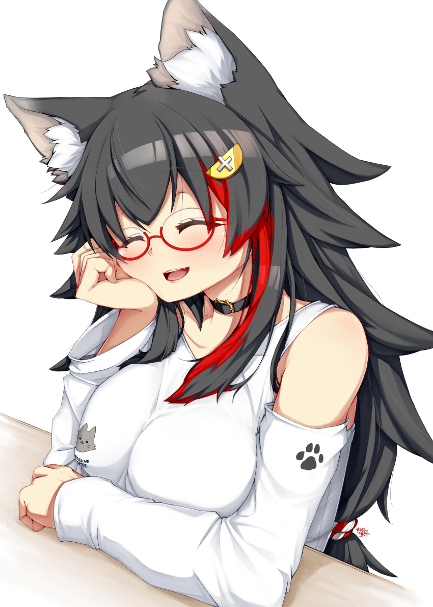 :d ^_^ absurdres animal_ear_fluff animal_ears bare_shoulders black_choker black_hair blush breasts choker closed_eyes commentary detached_sleeves facing_viewer female glasses hair_ornament hairclip head_rest highres hololive large_breasts long_hair multicolored_hair official_alternate_costume ookami_mio ookami_mio_(casual) open_mouth psychopath_idiot red-framed_eyewear red_hair semi-rimless_eyewear simple_background smile solo streaked_hair two-tone_hair under-rim_eyewear upper_body virtual_youtuber white_background wolf_ears wolf_girl