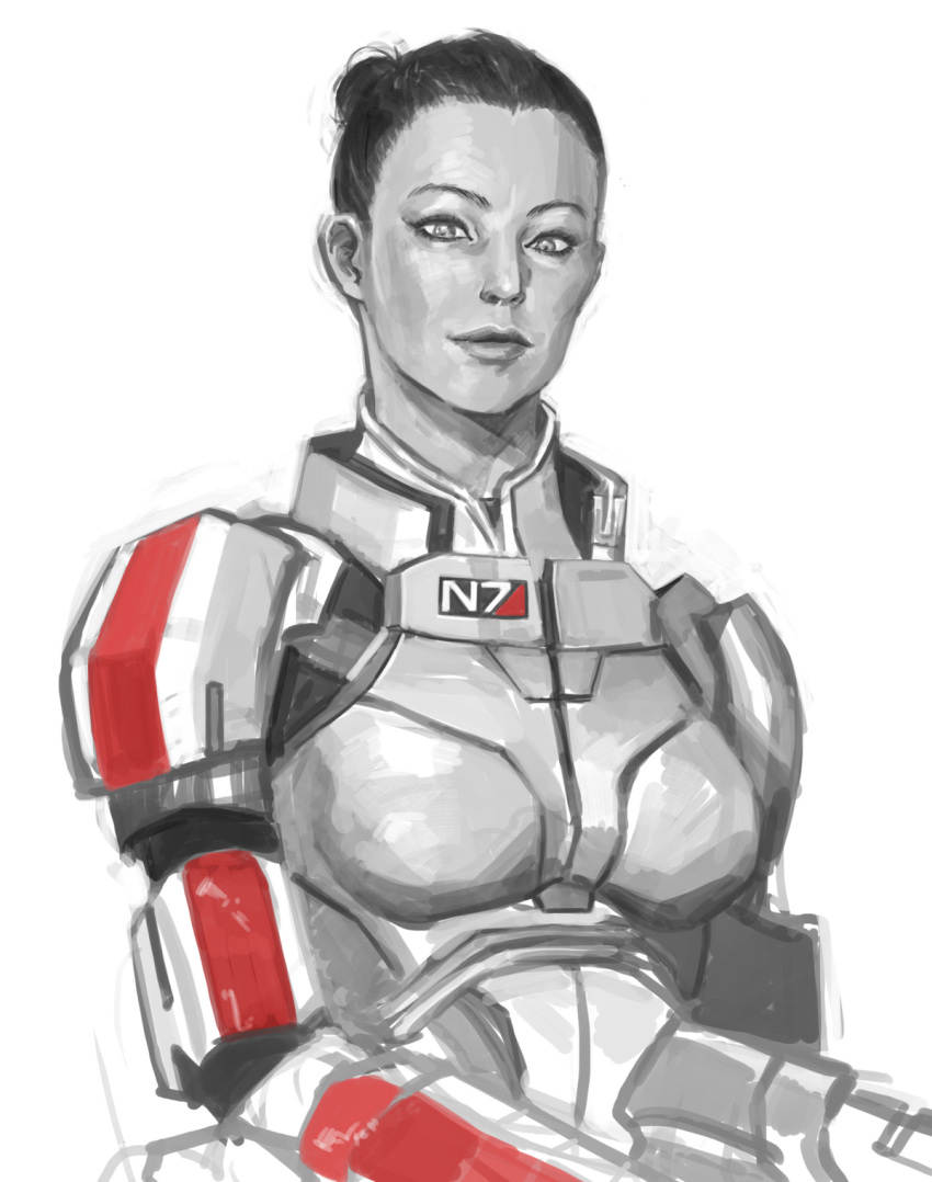 alternate_hair_length alternate_hairstyle armor black_hair cheetahman_(1ddghfr78cswc) commander_shepard commander_shepard_(female) dark-skinned_female dark_skin female hair_bun highres lips looking_at_viewer mass_effect_(series) mass_effect_1 n7_armor single_hair_bun smile solo spot_color upper_body white_background