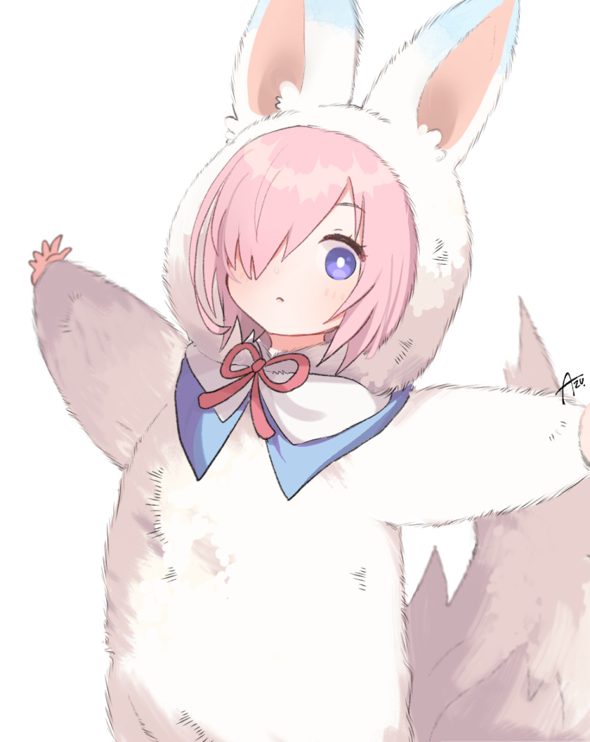 animal_costume animal_ears animal_hood azu_(kirara310) blue_eyes cosplay fake_animal_ears fate/grand_order fate_(series) female fou_(fate) fou_(fate)_(cosplay) hair_over_one_eye highres hood hood_up mash_kyrielight neck_ribbon official_alternate_costume outstretched_arms pink_hair red_ribbon ribbon signature solo spread_arms