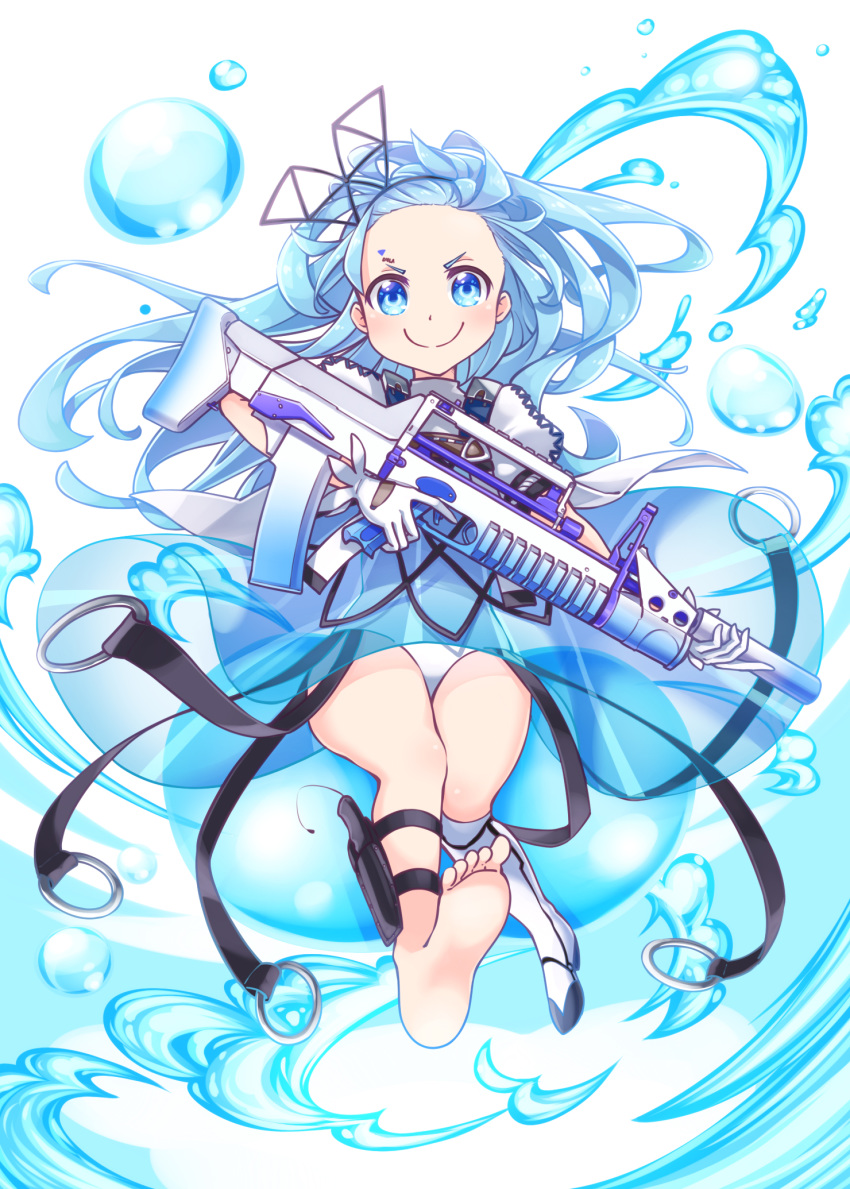 >:) ads_(girls'_frontline) ads_assault_rifle assault_rifle barefoot blue_dress blue_eyes blue_hair boots closed_mouth commentary_request dress female forehead full_body girls'_frontline gloves gun harada_(sansei_rain) highres holding holding_gun holding_weapon knee_boots knife long_hair looking_at_viewer name_connection object_namesake one-piece_swimsuit puffy_short_sleeves puffy_sleeves rifle see-through short_sleeves simple_background single_knee_boot smile soles solo swimsuit v-shaped_eyebrows very_long_hair water weapon white_background white_footwear white_gloves white_one-piece_swimsuit