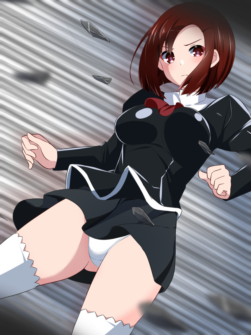 agent_aika aika_(series) ayumi_(agent_aika) black_delmo black_shirt blush breasts brown_eyes closed_mouth commentary_request commission delmogeny_uniform female highres kisaragi_setsu_(mssk8485) long_sleeves looking_at_viewer medium_breasts motion_lines panties pixiv_commission puffy_sleeves red_hair shirt short_hair thighhighs underwear uniform white_panties wind wind_lift