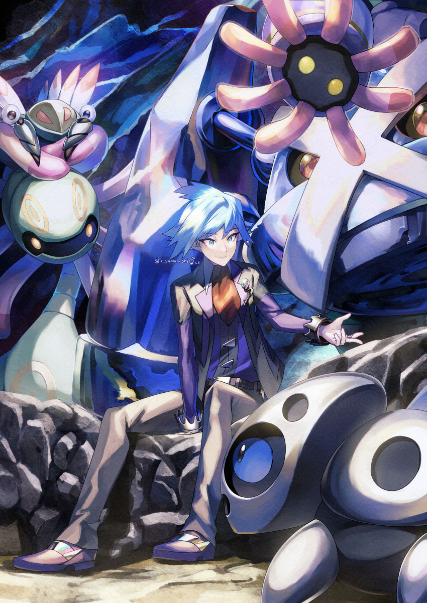 1boy anorith aron belt belt_buckle blue_eyes blue_hair buckle closed_mouth commentary_request cradily highres jacket lileep long_sleeves looking_to_the_side male_focus metagross open_clothes open_jacket pants pokemon pokemon_(creature) pokemon_oras rock shoes short_hair sitting smile spiked_hair steven_stone yamanashi_taiki