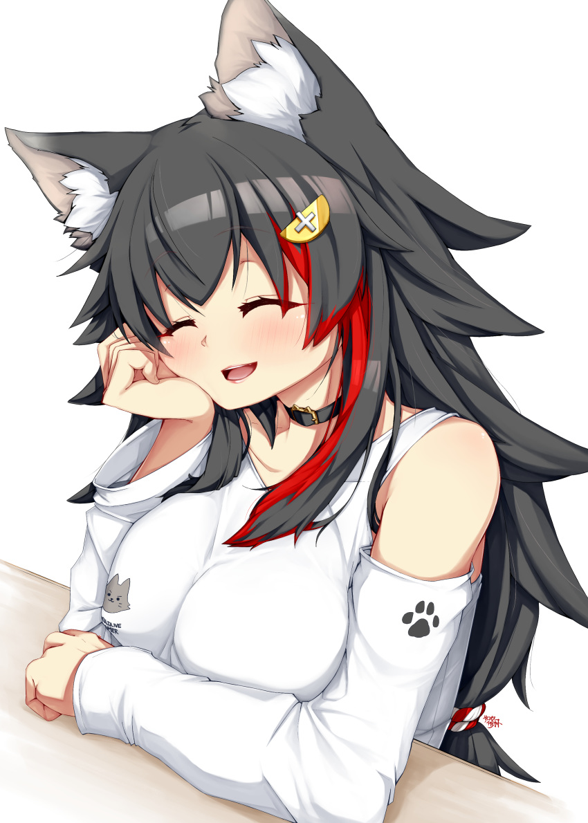 :d ^_^ absurdres animal_ear_fluff animal_ears bare_shoulders black_choker black_hair blush breasts choker closed_eyes commentary detached_sleeves facing_viewer female hair_ornament hairclip head_rest highres hololive large_breasts long_hair multicolored_hair official_alternate_costume ookami_mio ookami_mio_(casual) open_mouth psychopath_idiot red_hair simple_background smile solo streaked_hair two-tone_hair upper_body virtual_youtuber white_background wolf_ears wolf_girl