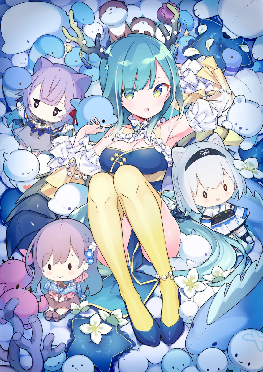 antlers aqua_hair bad_id bad_pixiv_id blue_footwear character_doll detached_sleeves dress female green_eyes highres horns kiya_machi knees_up kohaku_nene la_peche_party long_hair looking_at_viewer lying momozono_sena on_back open_mouth pelvic_curtain shioumi_waka shizuki_tsumiki shoes solo stuffed_animal stuffed_toy tail thighhighs very_long_hair virtual_youtuber yellow_thighhighs