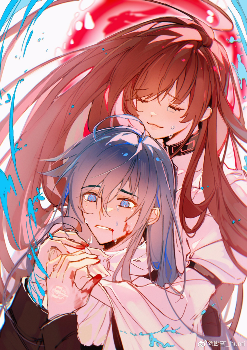 1boy absurdres backlighting blood brown_hair choker couple crying douluo_dalu female highres hug hug_from_behind humi_humi long_hair long_sleeves straight swirl tang_san uwu xiao_wu_(douluo_dalu)