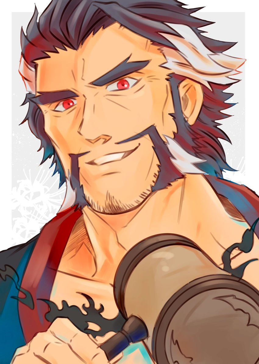 1boy bara beard blue_hair daikoku_(housamo) dark_blue_hair ex65679708 facial_hair forked_eyebrows highres looking_at_viewer male_focus mature_male moustache multicolored_hair muscular muscular_male mutton_chops red_eyes sideburns smile solo thick_eyebrows tokyo_afterschool_summoners two-tone_hair upper_body white_hair