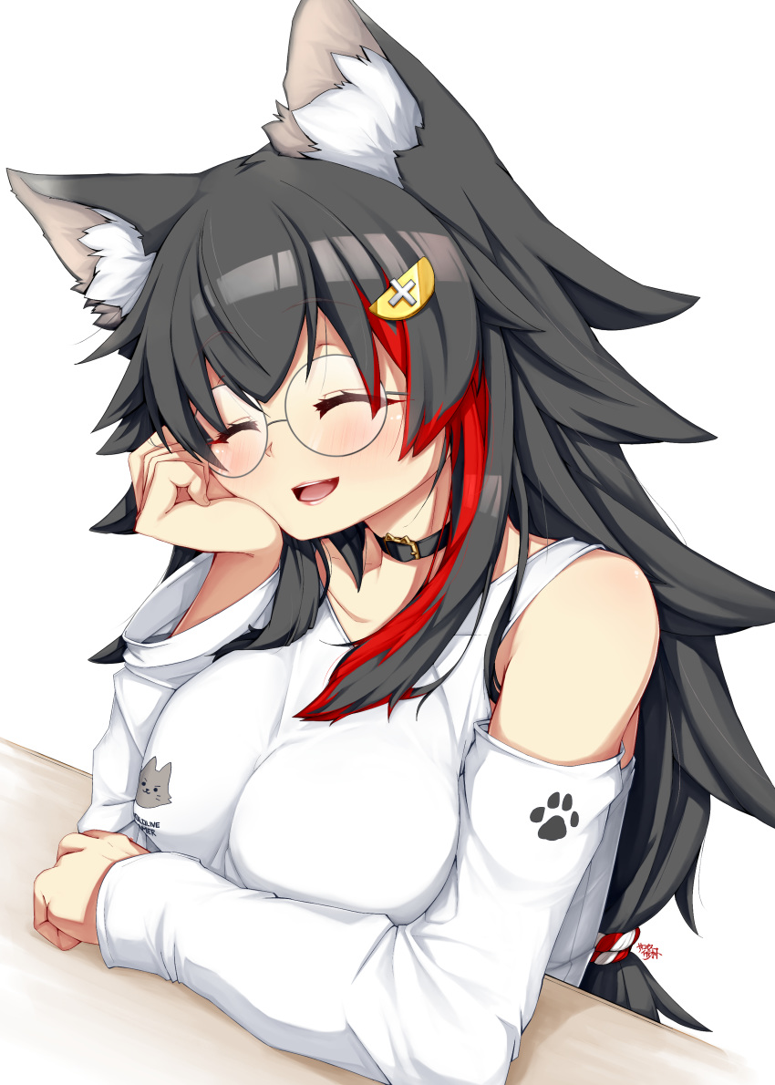 :d ^_^ absurdres animal_ear_fluff animal_ears bare_shoulders black_choker black_hair blush breasts choker closed_eyes commentary detached_sleeves facing_viewer female glasses hair_ornament hairclip head_rest highres hololive large_breasts long_hair multicolored_hair official_alternate_costume ookami_mio ookami_mio_(casual) open_mouth psychopath_idiot red_hair round_eyewear simple_background smile solo streaked_hair two-tone_hair upper_body virtual_youtuber white_background wolf_ears wolf_girl