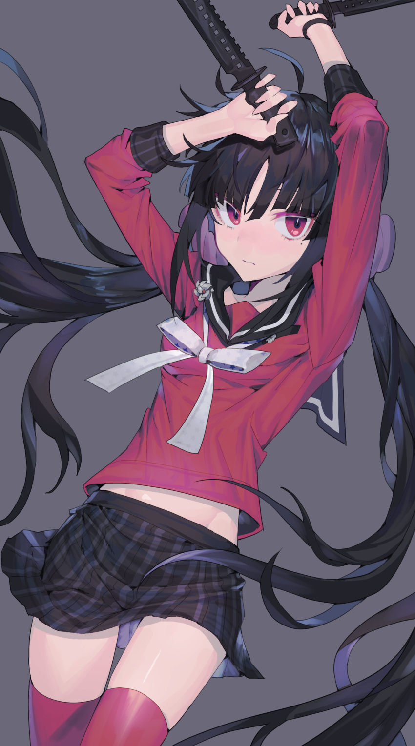 ahoge bad_id bad_pixiv_id black_hair black_skirt danganronpa_(series) danganronpa_v3:_killing_harmony female grey_background harukawa_maki highres knife long_hair maratang miniskirt mole mole_under_eye red_eyes red_shirt red_thighhighs ribbon school_uniform serious shirt simple_background skirt solo thighhighs twintails very_long_hair white_ribbon zettai_ryouiki